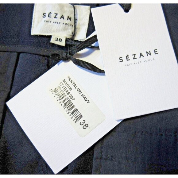 NWT Sezane Havy in Marine Navy Satin Back Crepe Belted Taper Ankle Pants 38 / 6 - Picture 3 of 6
